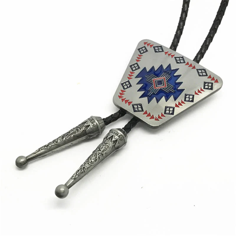Southwestern Geometric Pattern Triangle Metal Frame Bolo Tie