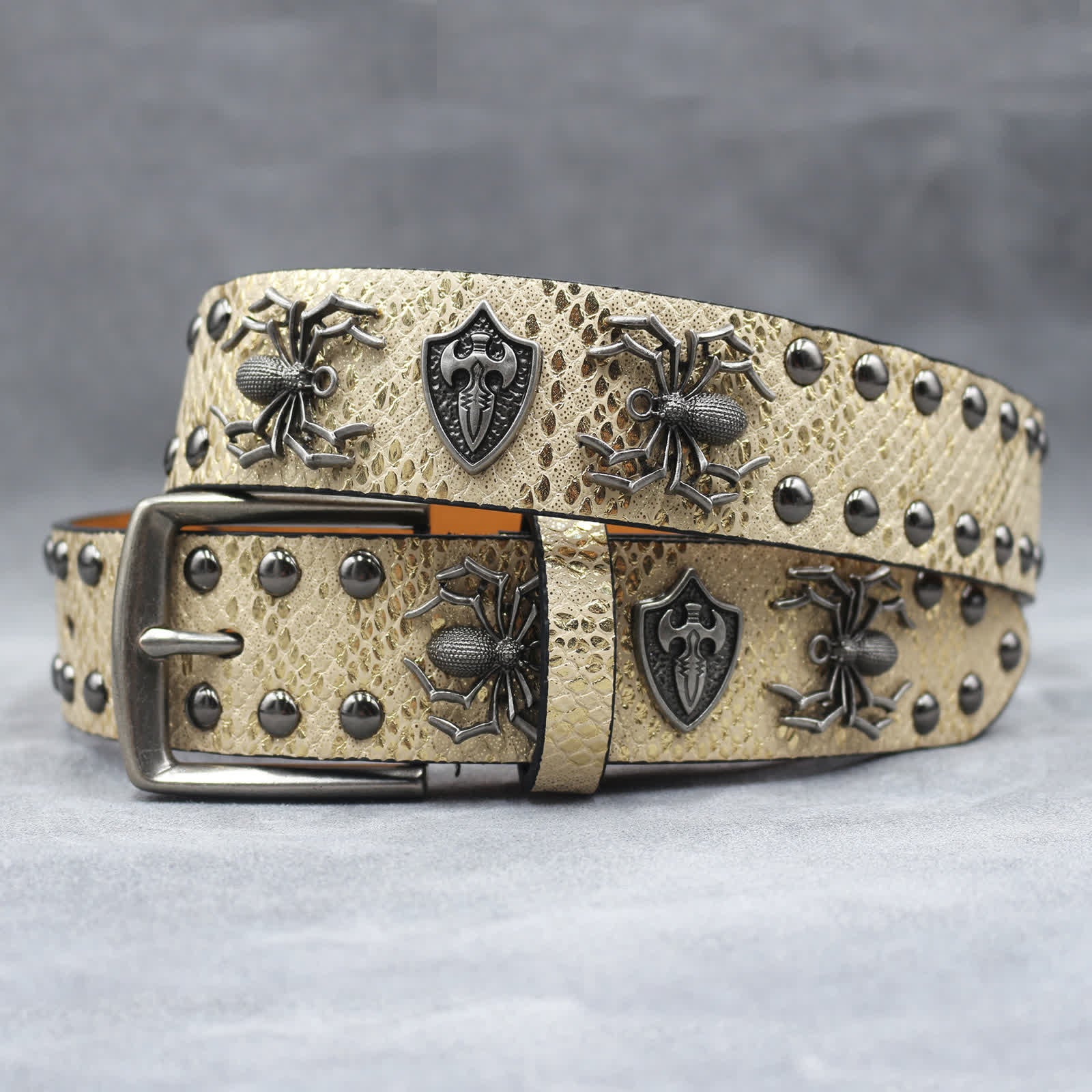 Spider Shape Studded Snakeskin Pattern Leather Belt - Image 10