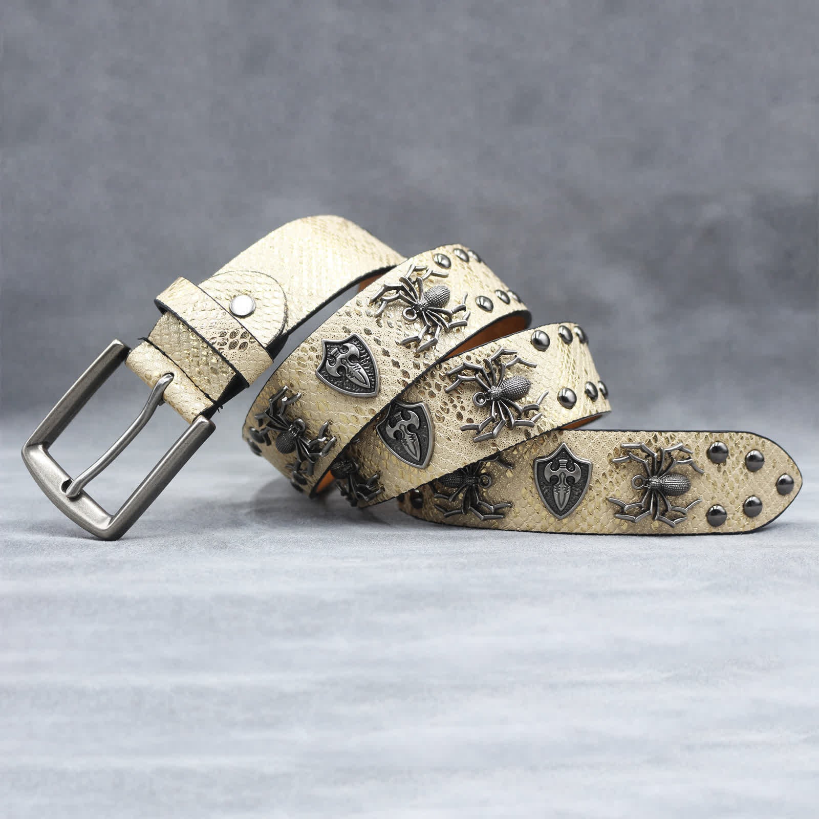 Spider Shape Studded Snakeskin Pattern Leather Belt - Image 11