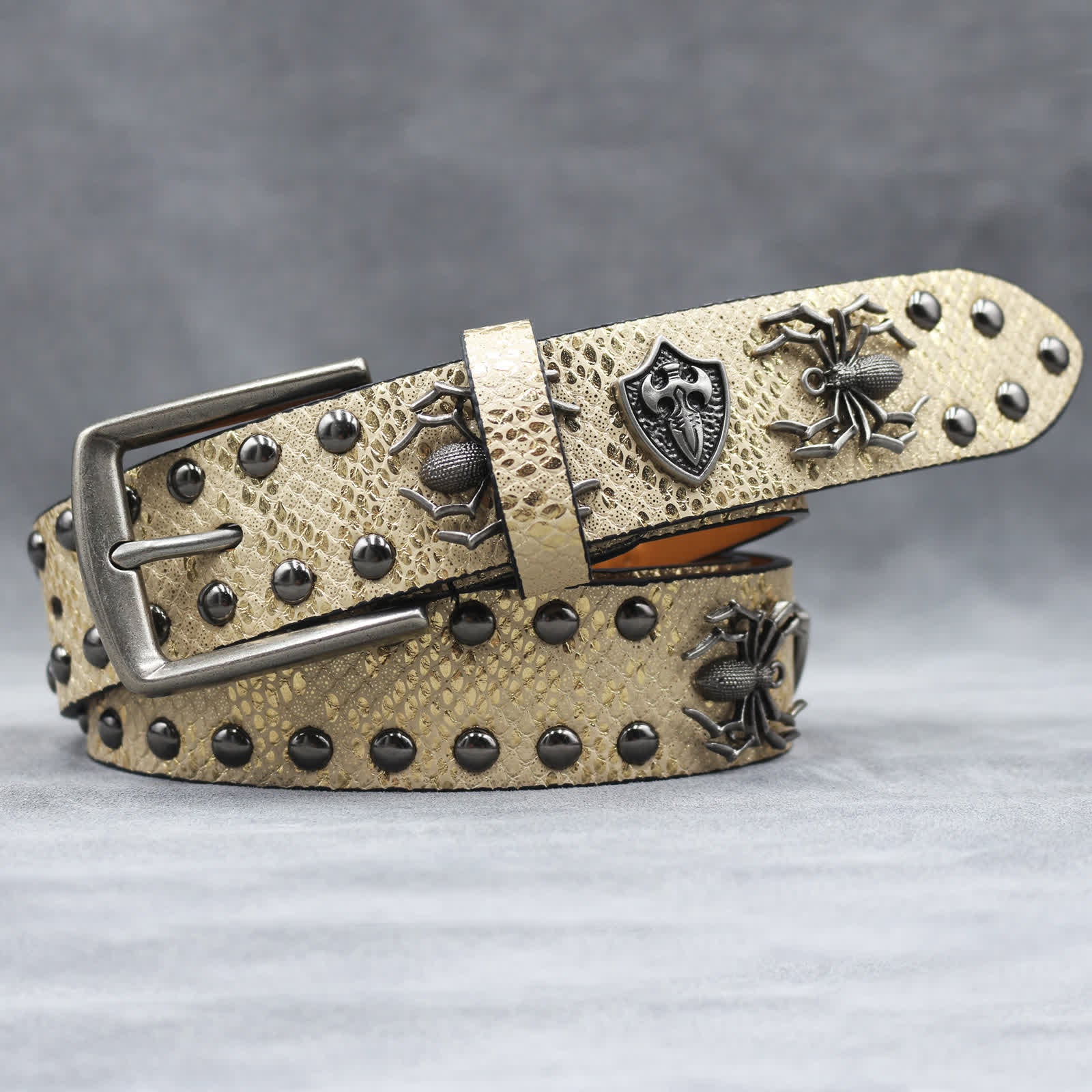 Spider Shape Studded Snakeskin Pattern Leather Belt - Image 12