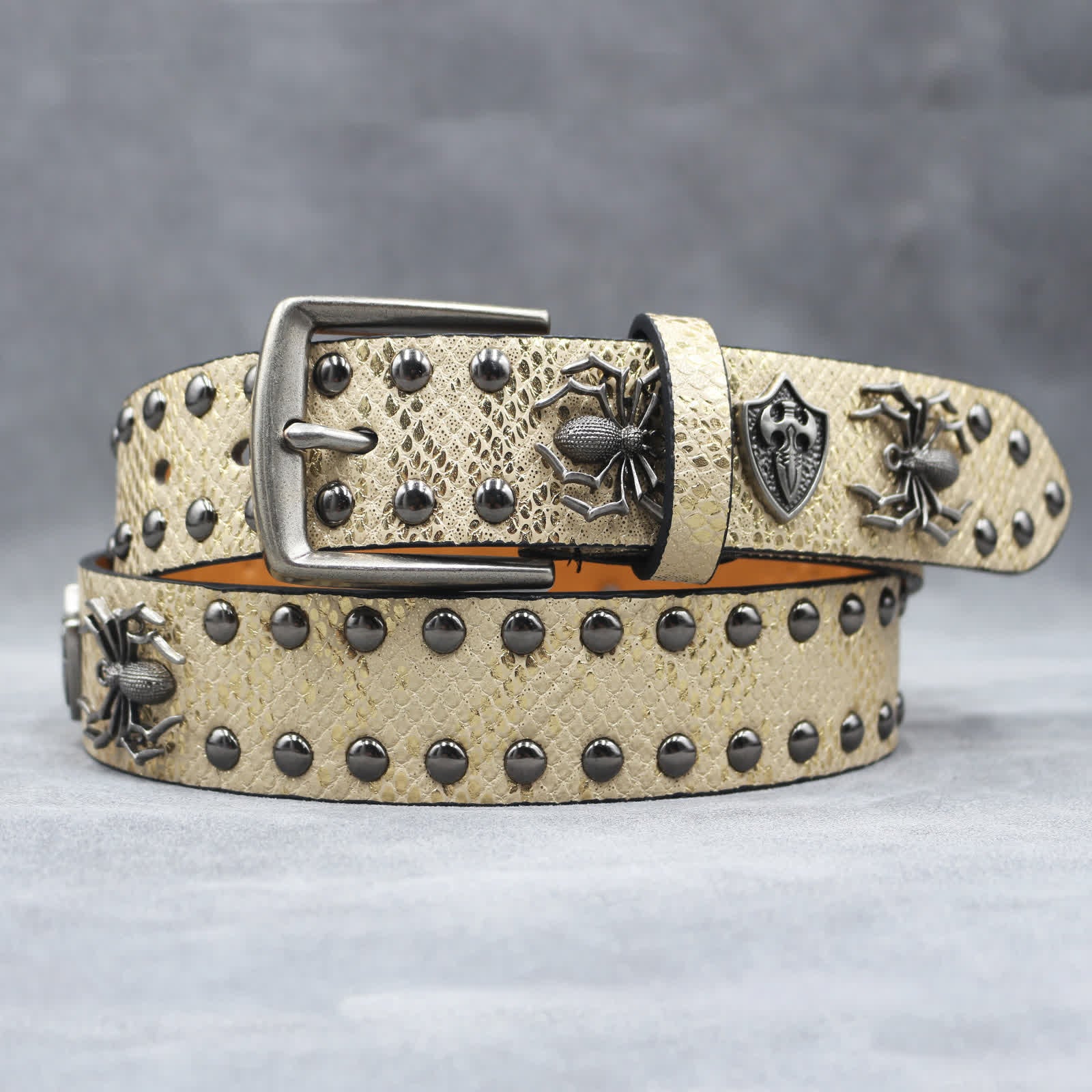 Spider Shape Studded Snakeskin Pattern Leather Belt - Image 13