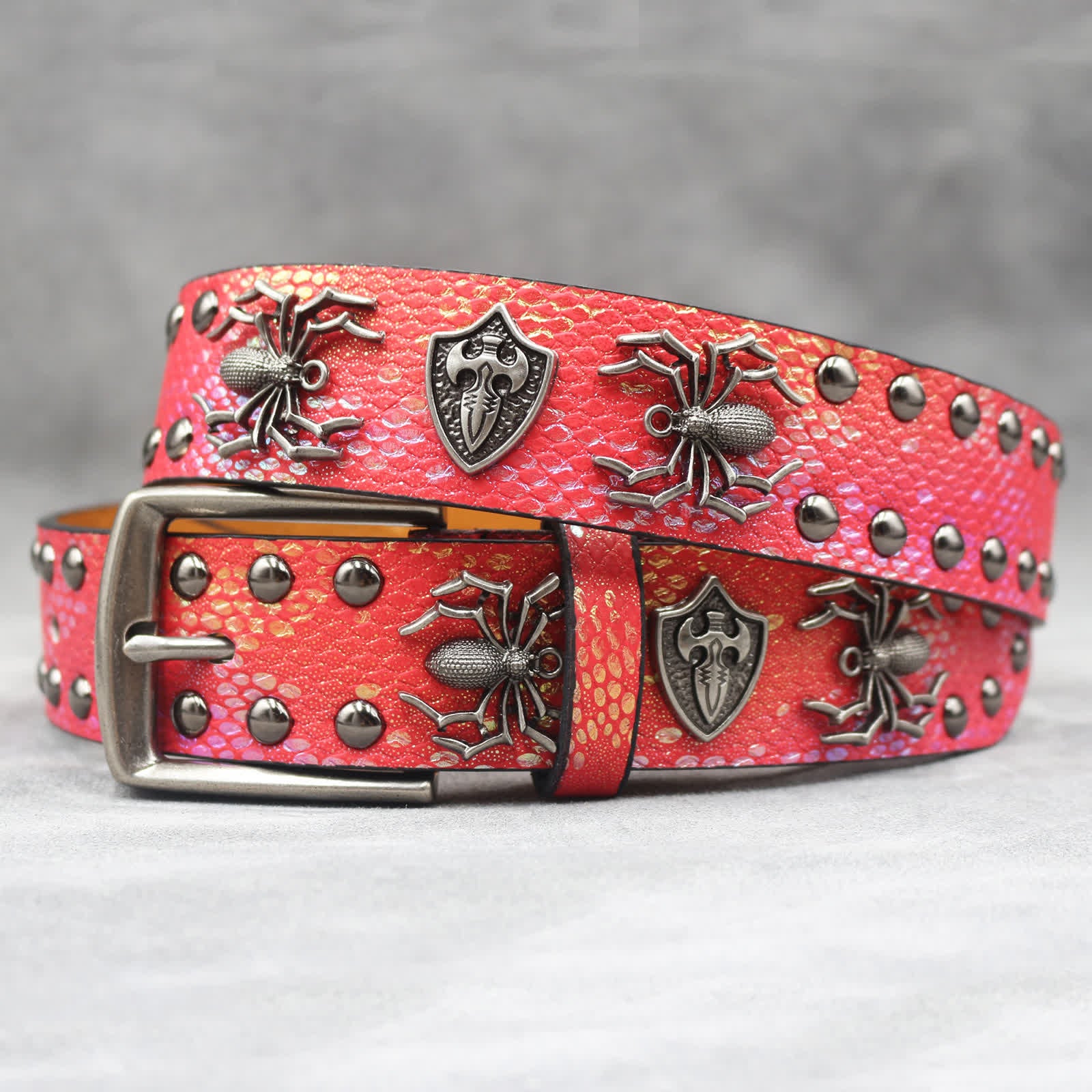 Spider Shape Studded Snakeskin Pattern Leather Belt - Image 14