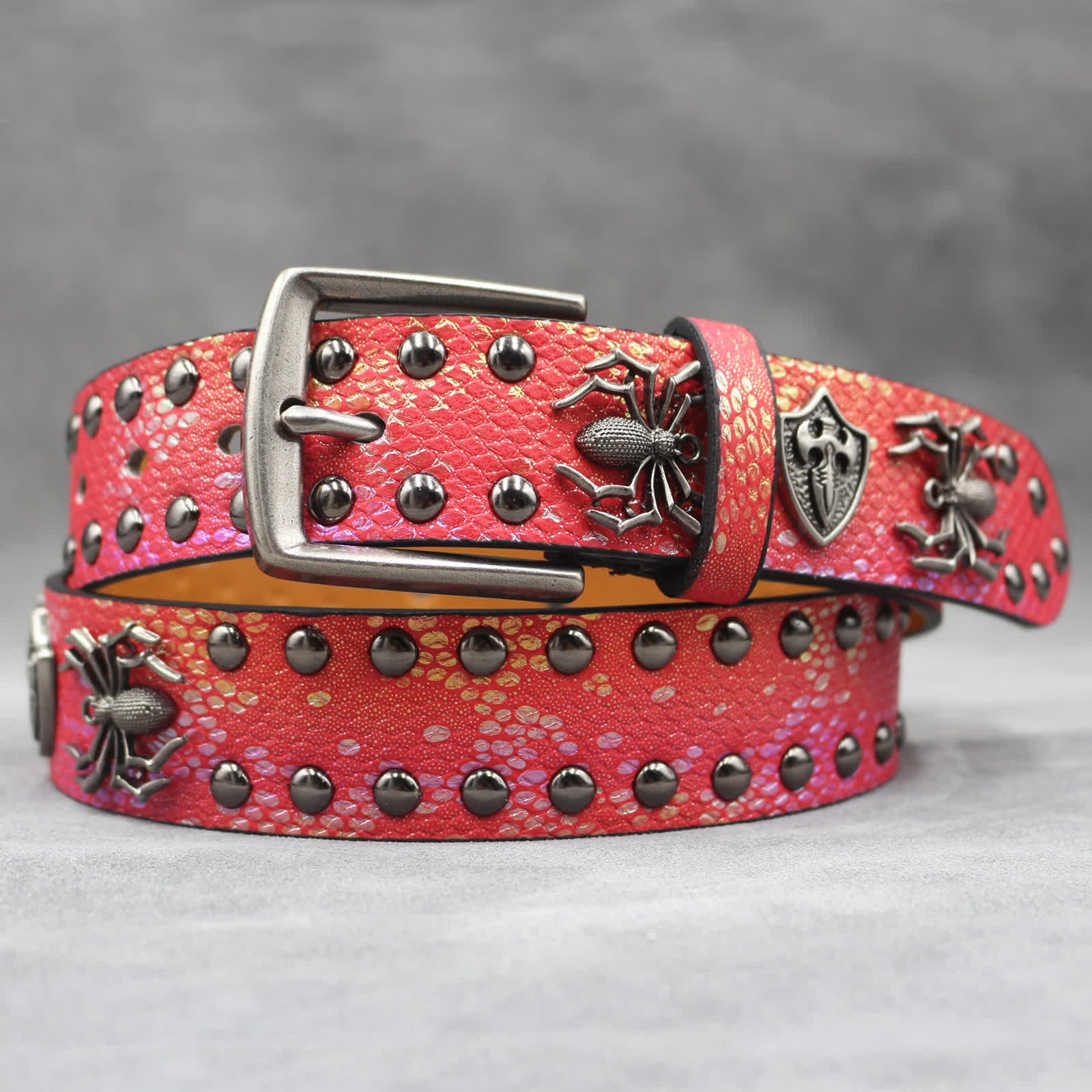 Spider Shape Studded Snakeskin Pattern Leather Belt - Image 16