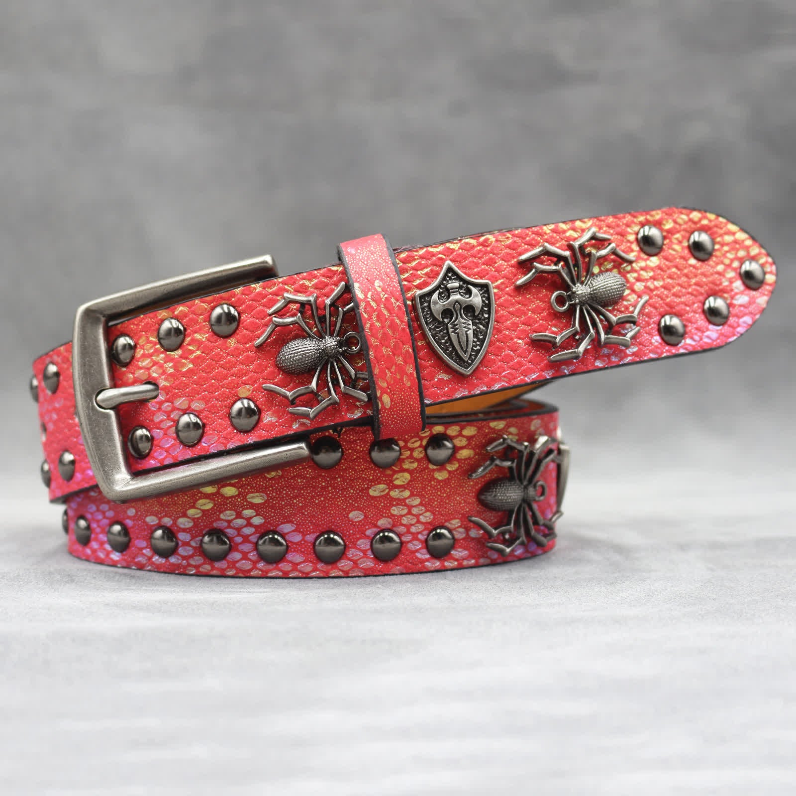 Spider Shape Studded Snakeskin Pattern Leather Belt - Image 17