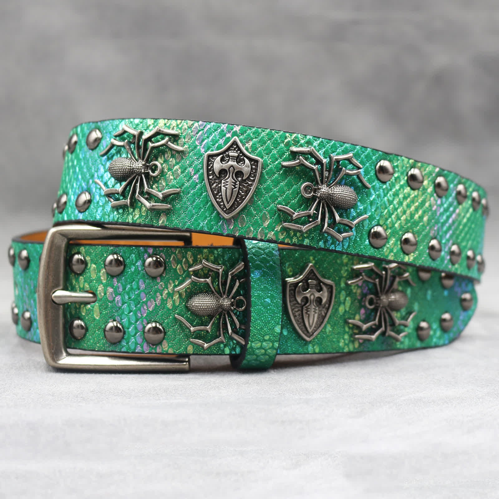 Spider Shape Studded Snakeskin Pattern Leather Belt - Image 18