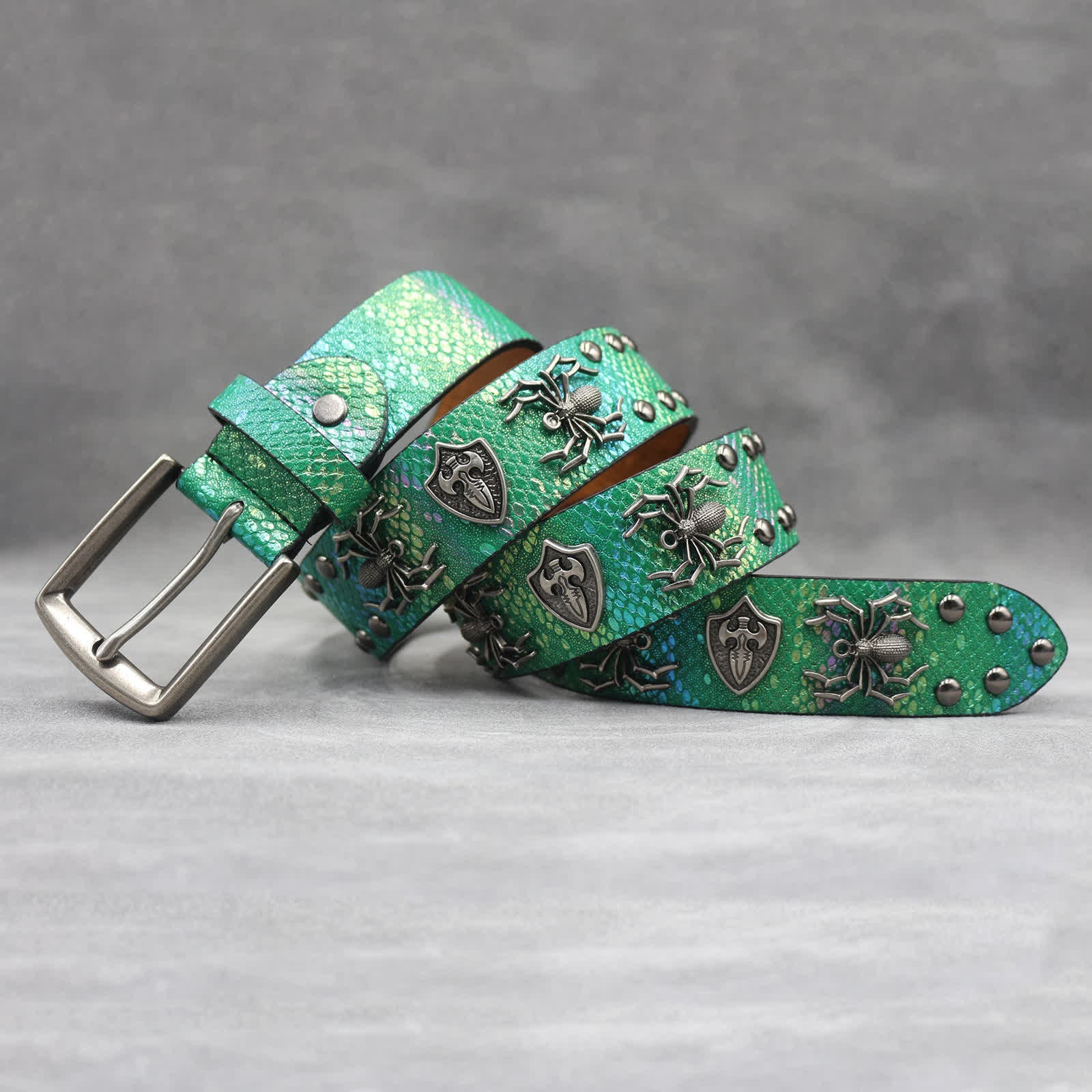 Spider Shape Studded Snakeskin Pattern Leather Belt - Image 19