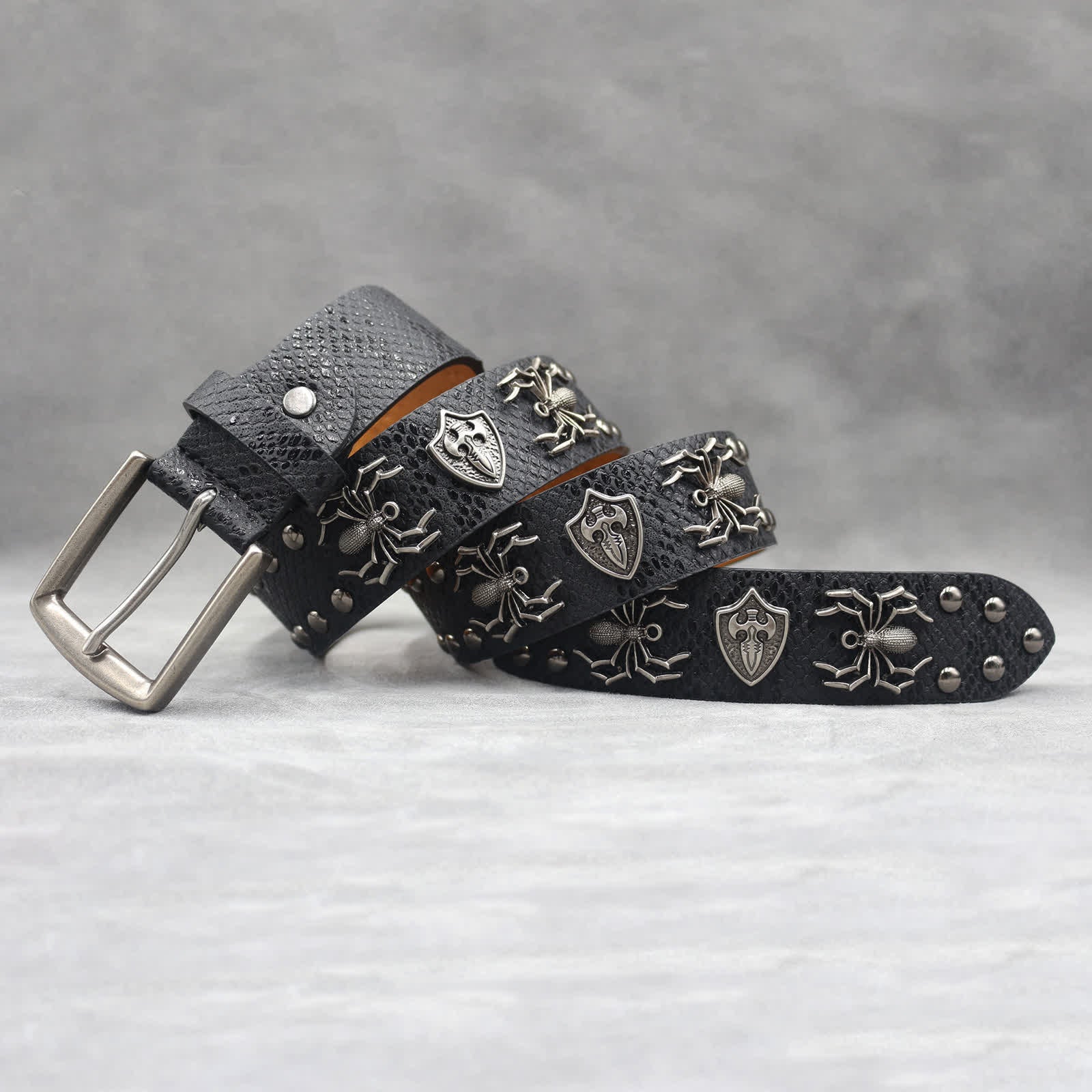 Spider Shape Studded Snakeskin Pattern Leather Belt - Image 2
