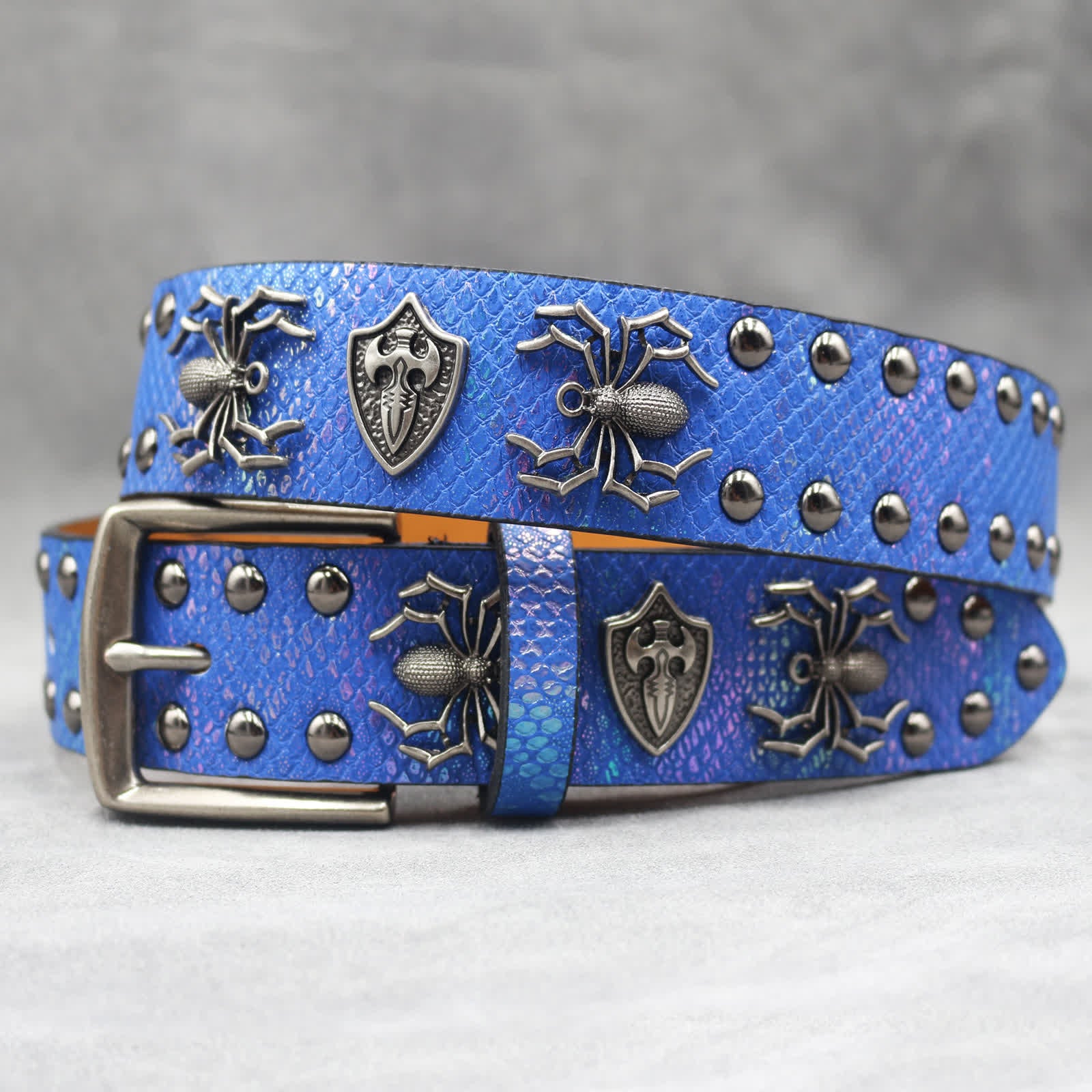 Spider Shape Studded Snakeskin Pattern Leather Belt - Image 22