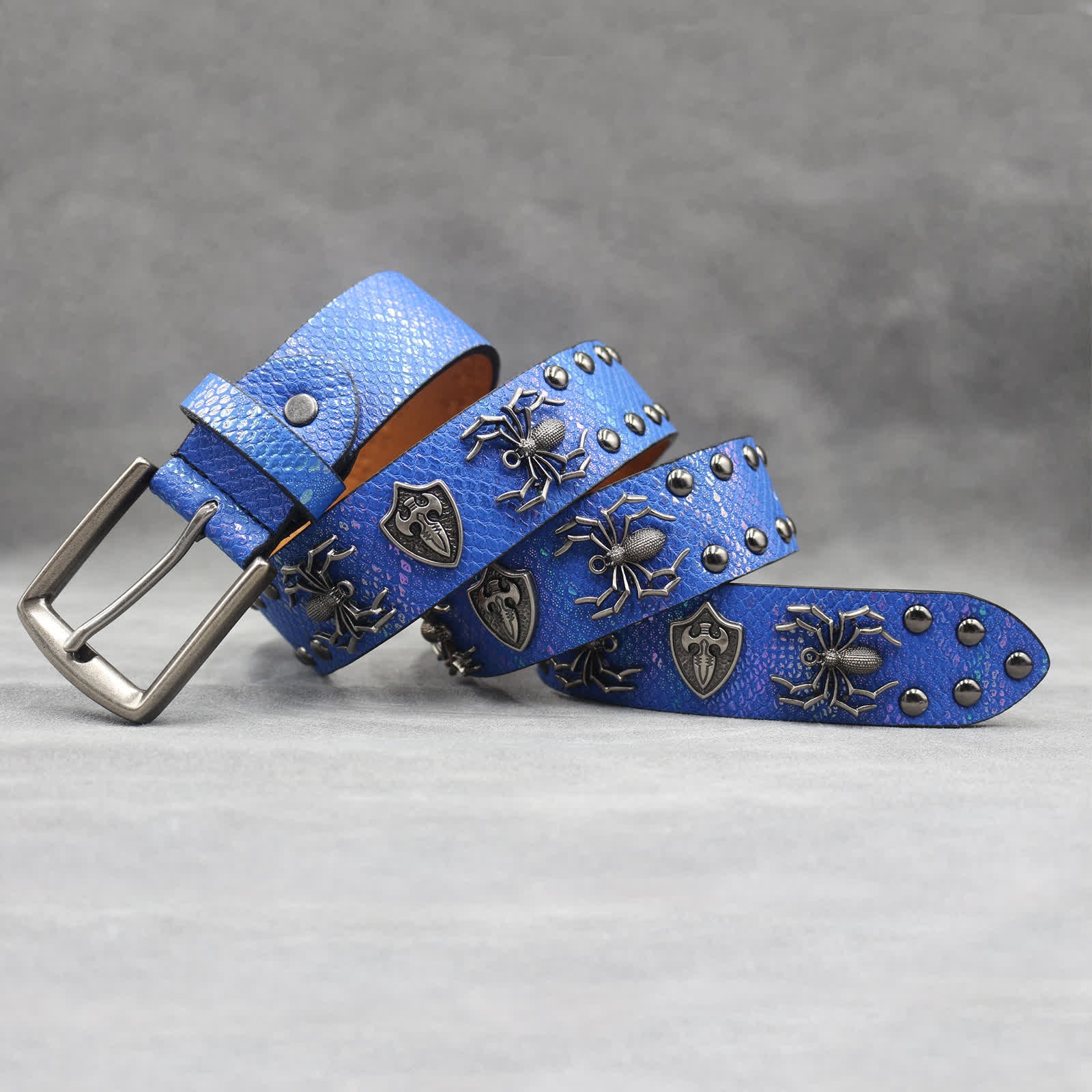 Spider Shape Studded Snakeskin Pattern Leather Belt - Image 23