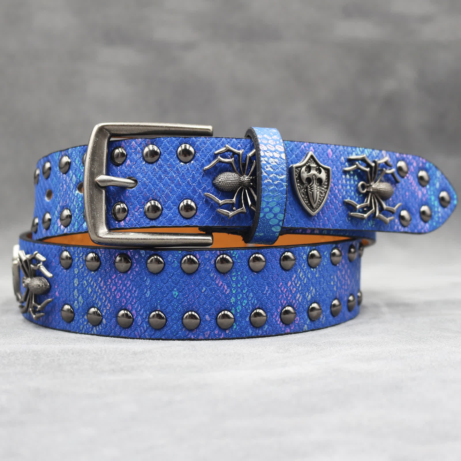 Spider Shape Studded Snakeskin Pattern Leather Belt - Image 24