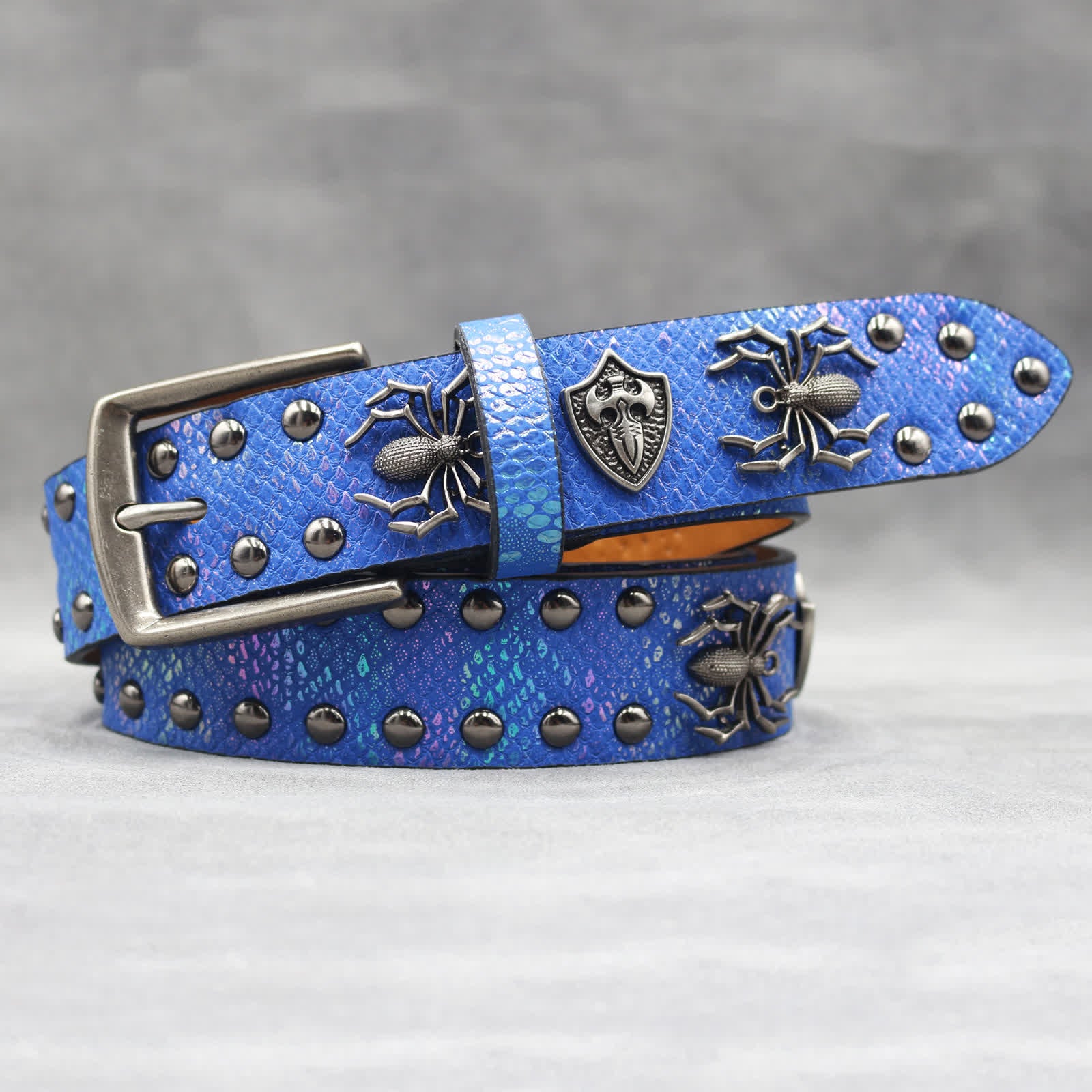 Spider Shape Studded Snakeskin Pattern Leather Belt - Image 25