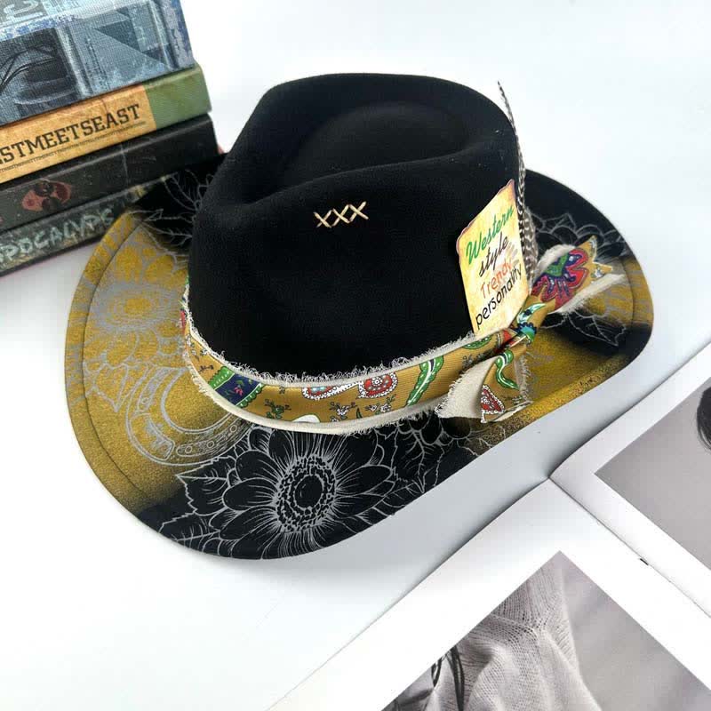 Spray-painted Sunflower Feather Decor Western Cowboy Hat - Image 4