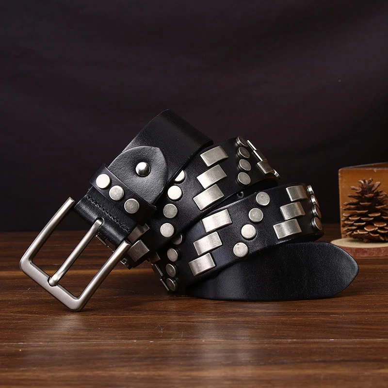 Premium Square and Circular Metal Accent Leather Belt