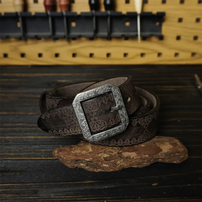 Stainless Steel Buckle Western Embossing Leather Belt - Image 4