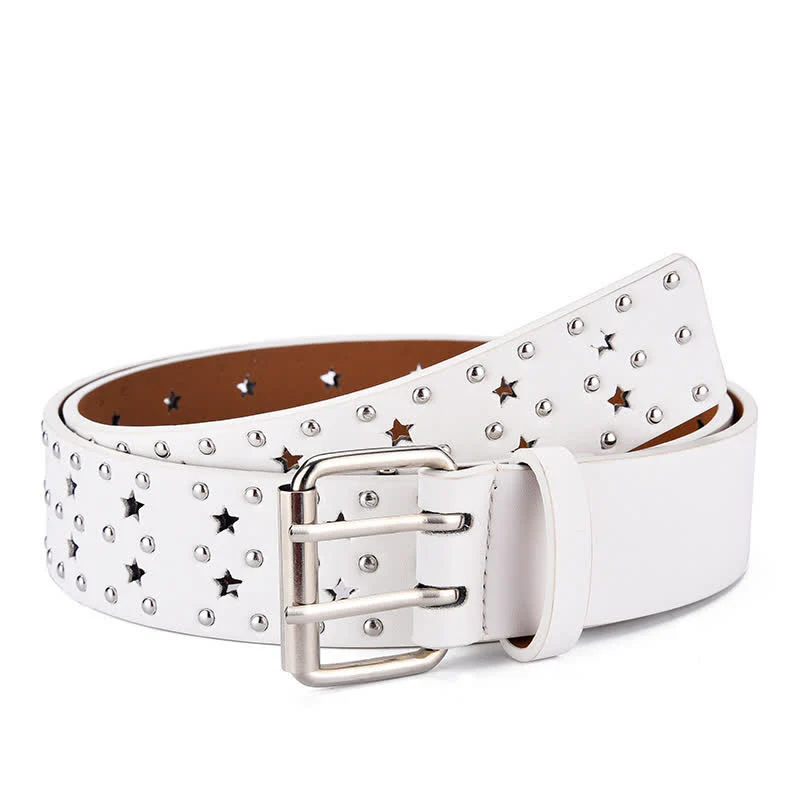 Star Double Prong Hollow Out Rivets Leather Belt - Image 12