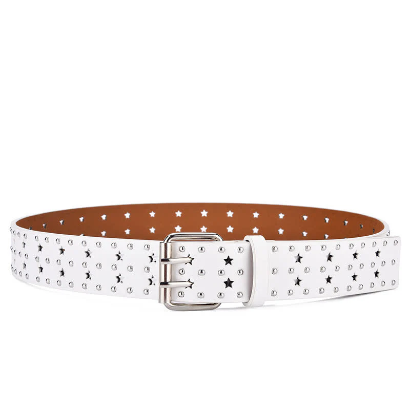 Star Double Prong Hollow Out Rivets Leather Belt - Image 13