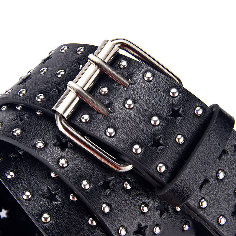 Star Double Prong Hollow Out Rivets Leather Belt - Image 2