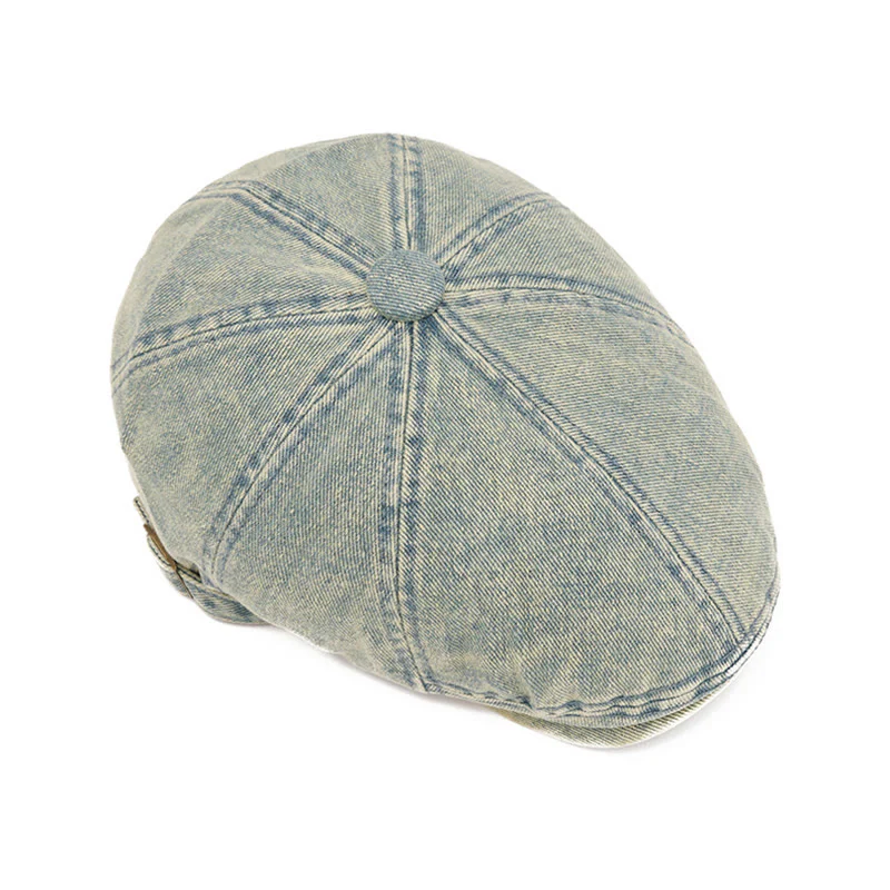 Street Style Washed Denim Short Brim Beret Hat - Image 4