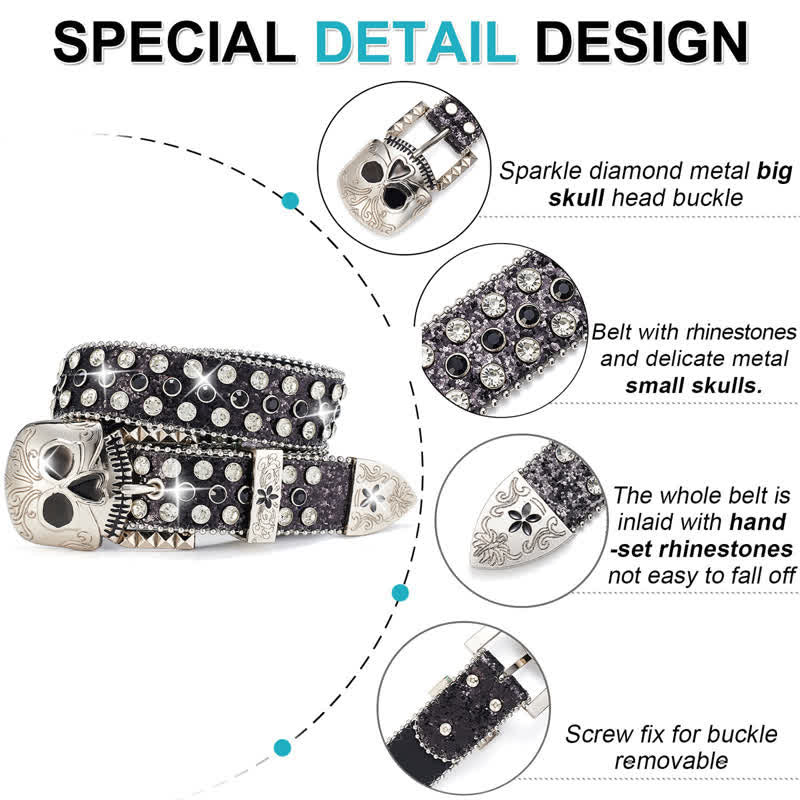 Streetwear Skull Buckle Rhinestone Studded Leather Belt - Image 3
