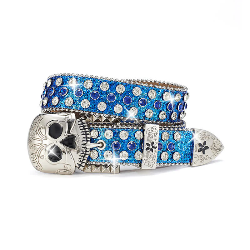 Streetwear Skull Buckle Rhinestone Studded Leather Belt - Image 4