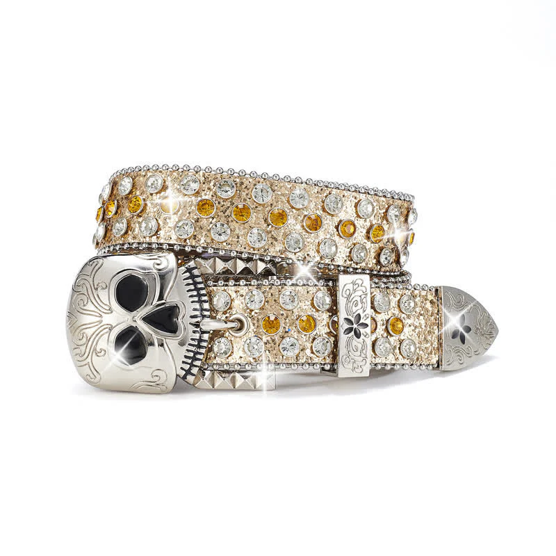 Streetwear Skull Buckle Rhinestone Studded Leather Belt - Image 5