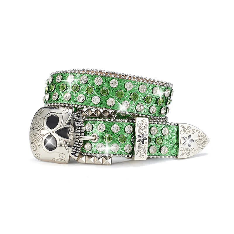 Streetwear Skull Buckle Rhinestone Studded Leather Belt - Image 6