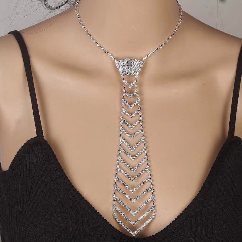 Striped Shape Crystal Rhinestone Creative Necktie Necklace - Image 2