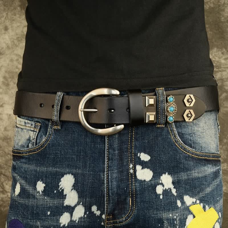 Stylish Turquoise Studded Geometric Rivets Leather Belt - Image 2