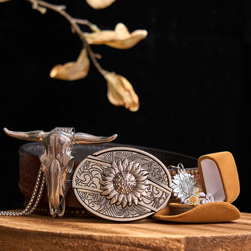 Sunflower Theme DIY Hidden Knife Belt Buckle Longhorn Bull Pendant Bundle Set - Image 8