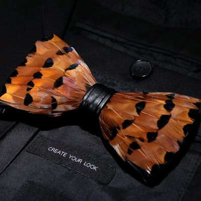 Tawny & Black Trim Feather Bow Tie with Lapel Pin - Image 2