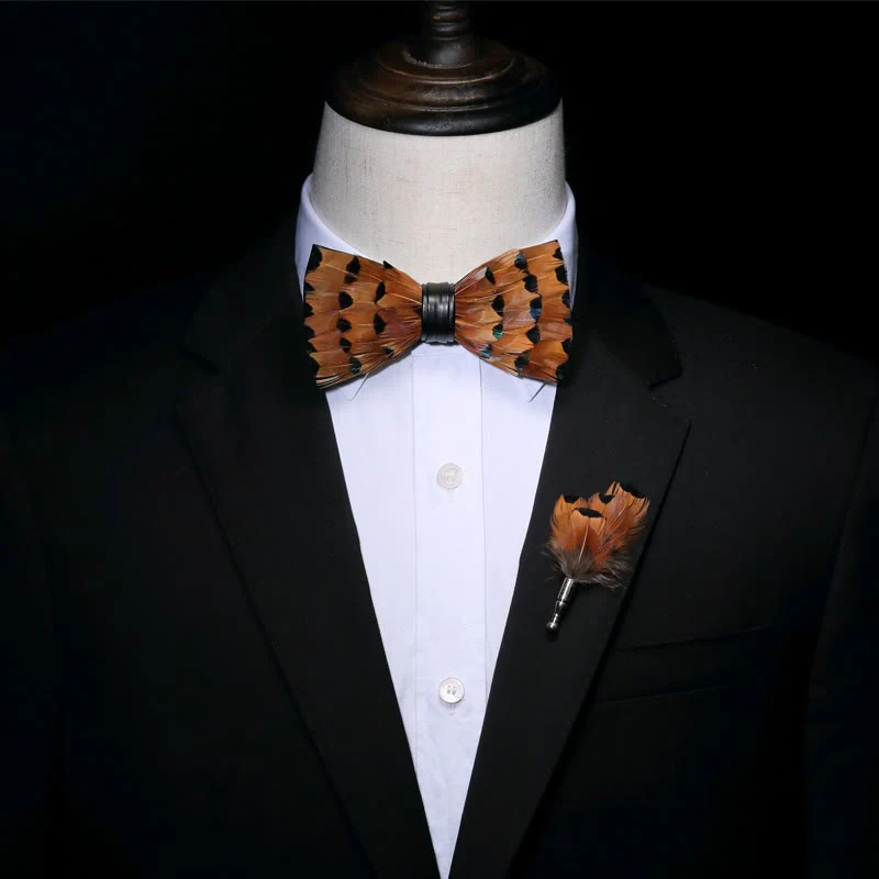 Tawny & Black Trim Feather Bow Tie with Lapel Pin - Image 3