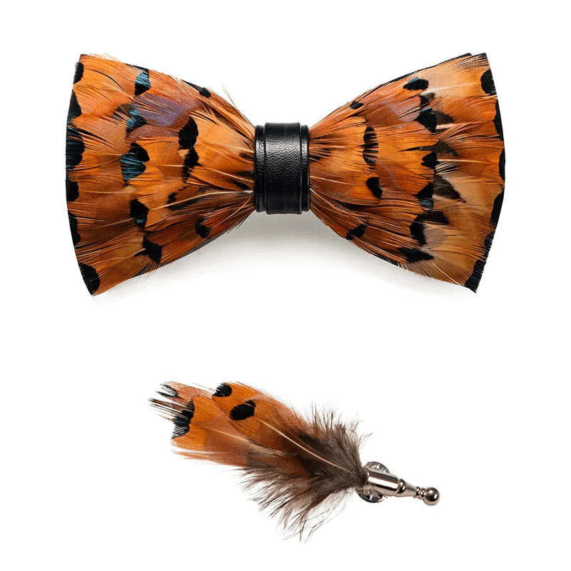 Tawny & Black Trim Feather Bow Tie with Lapel Pin - Image 4