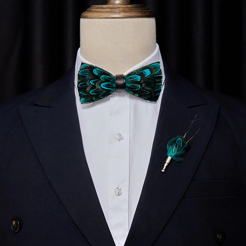 Teal & Black Peacock Feather Bow Tie with Lapel Pin - Image 2
