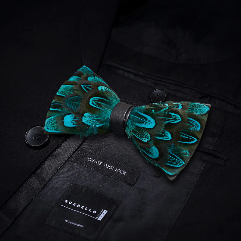 Teal & Black Peacock Feather Bow Tie with Lapel Pin - Image 3