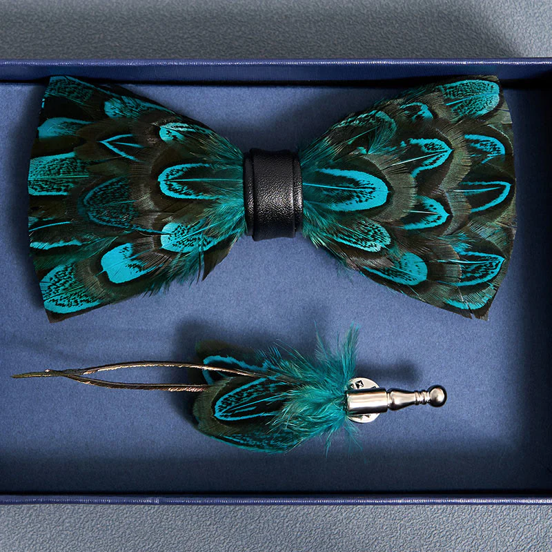 Teal & Black Peacock Feather Bow Tie with Lapel Pin - Image 4