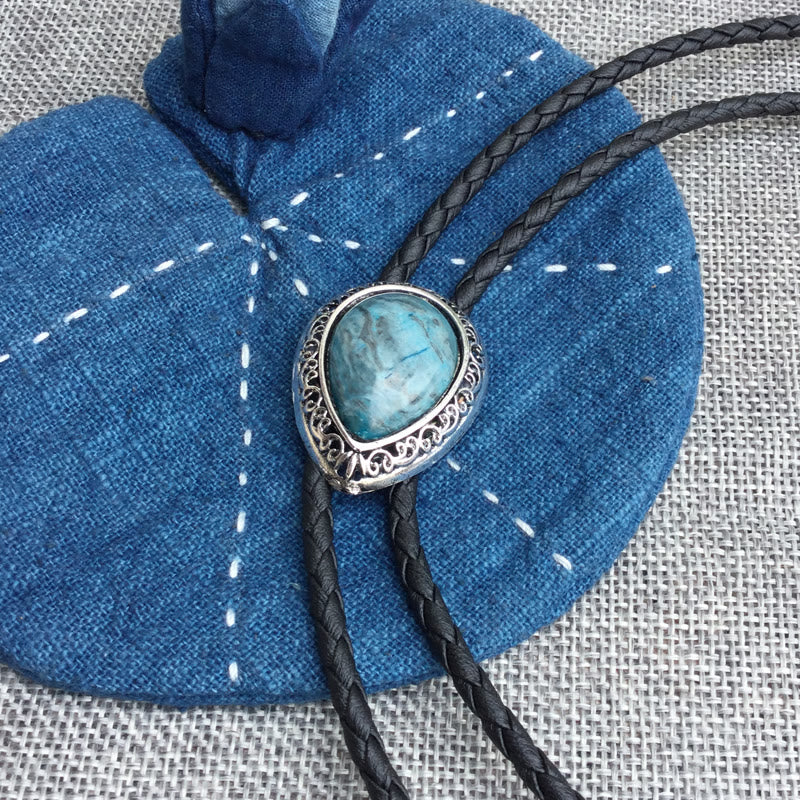 Teardrop Turquoise Vintage Carved Metal Bolo Ties
