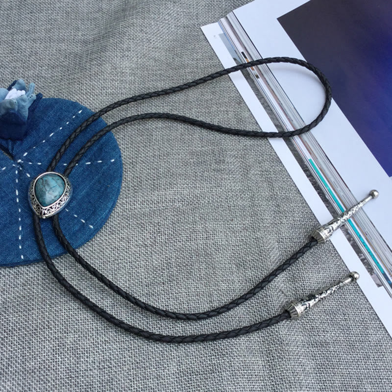 Teardrop Turquoise Vintage Carved Metal Bolo Ties - Image 2