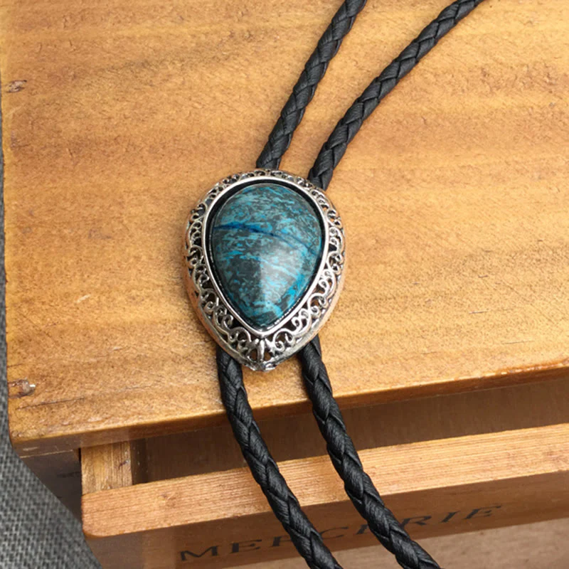 Teardrop Turquoise Vintage Carved Metal Bolo Ties - Image 6