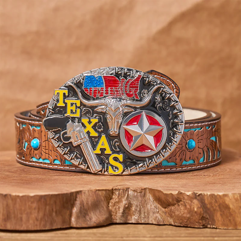 Texas Style Longhorn & Star DIY Buckle Leather Belt - Image 4