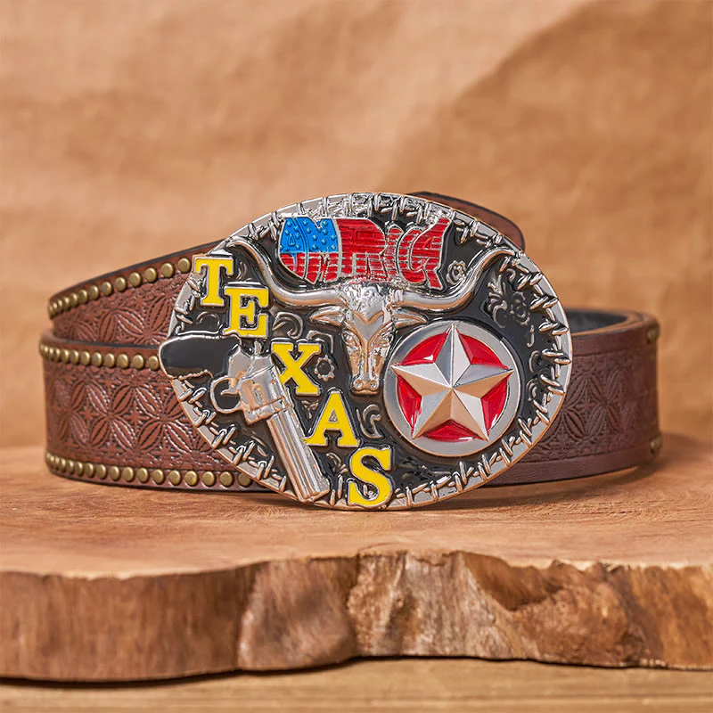 Texas Style Longhorn & Star DIY Buckle Leather Belt - Image 5