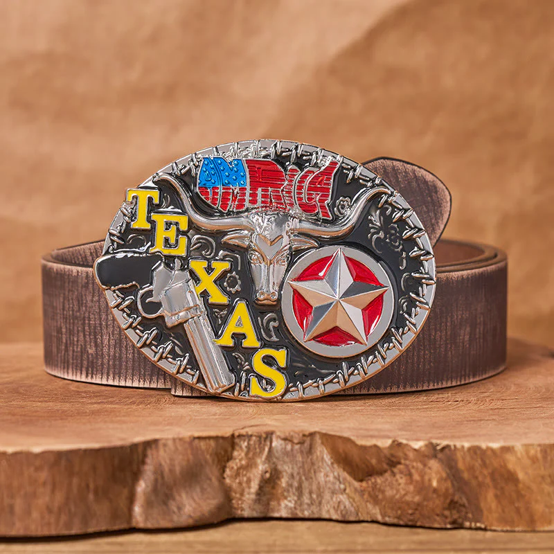Texas Style Longhorn & Star DIY Buckle Leather Belt - Image 6