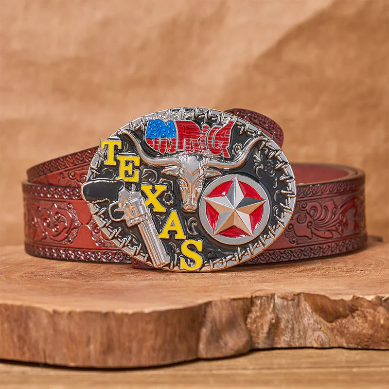 Texas Style Longhorn & Star DIY Buckle Leather Belt - Image 7