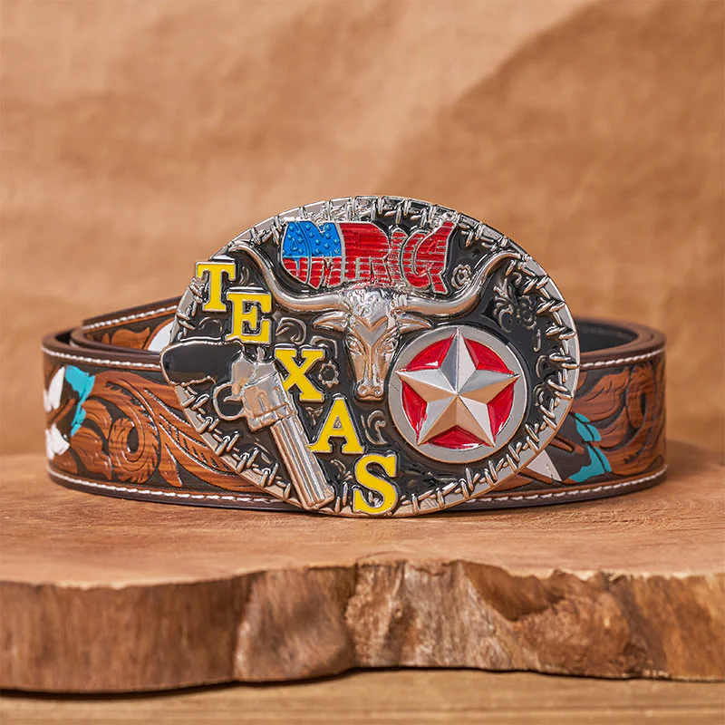 Texas Style Longhorn & Star DIY Buckle Leather Belt - Image 8