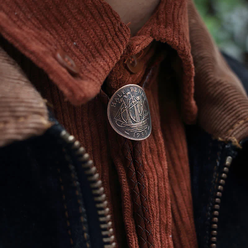 Three Sailboats Ancient Coin Leather Bolo Tie - Image 2