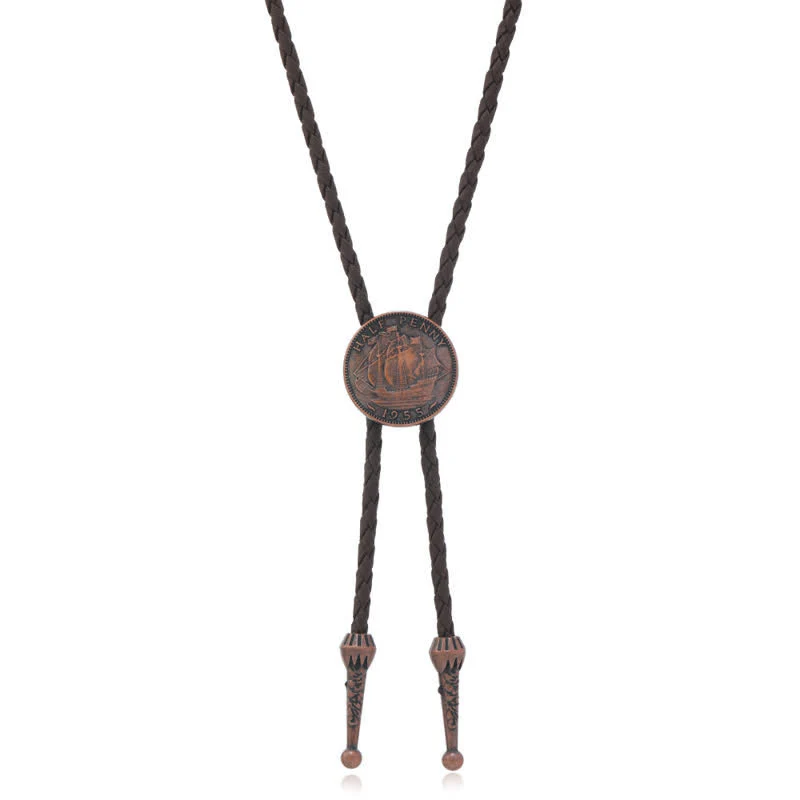 Three Sailboats Ancient Coin Leather Bolo Tie - Image 3