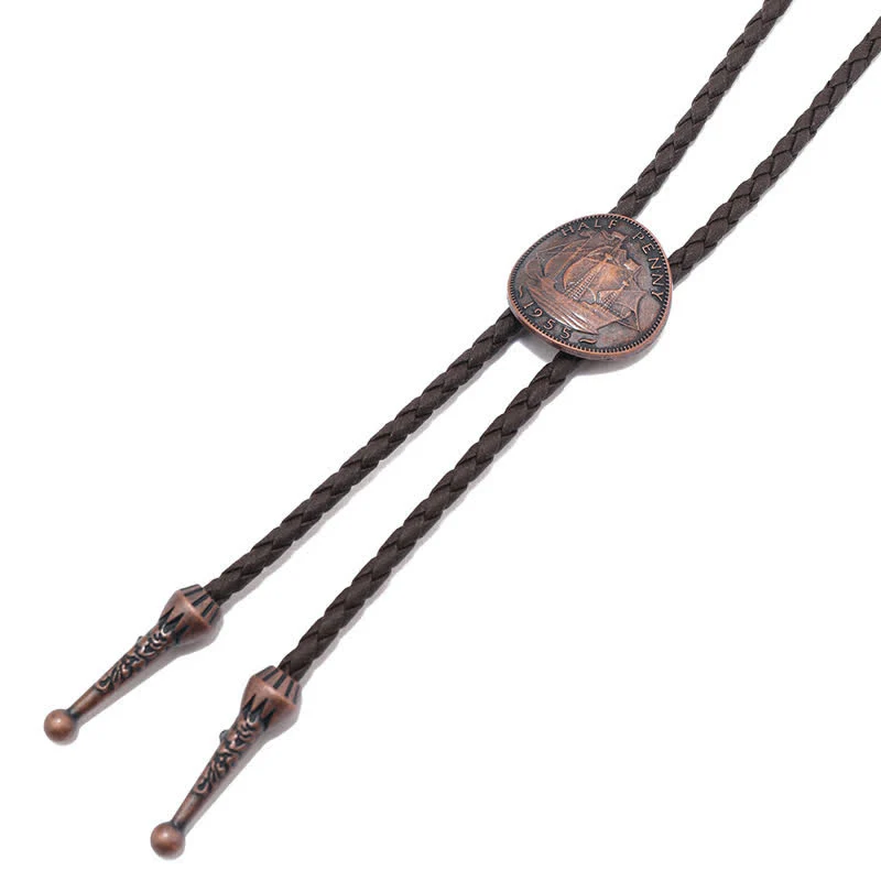 Three Sailboats Ancient Coin Leather Bolo Tie - Image 5