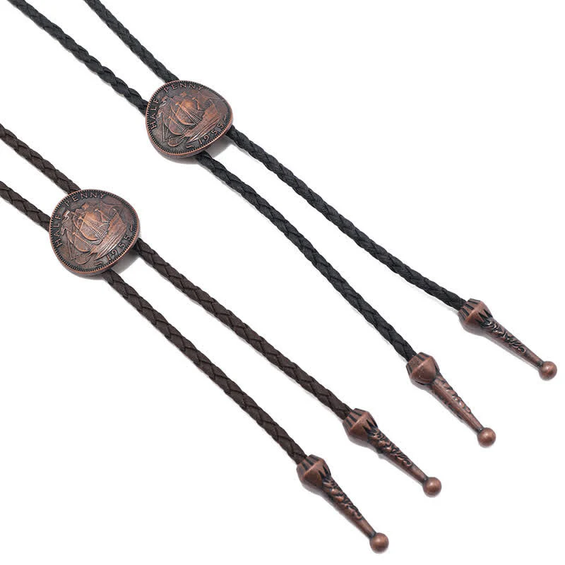 Three Sailboats Ancient Coin Leather Bolo Tie - Image 7