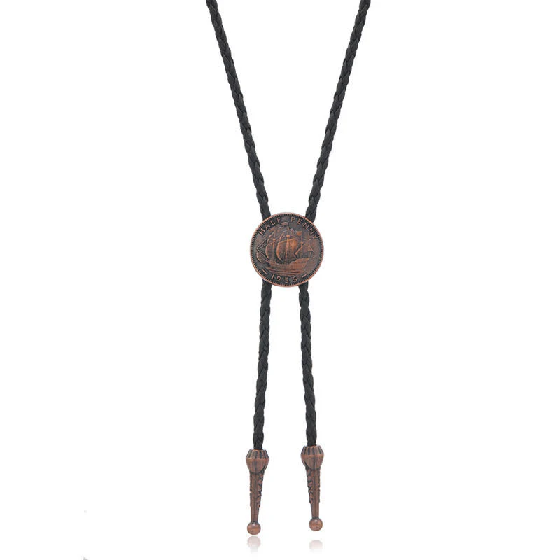 Three Sailboats Ancient Coin Leather Bolo Tie - Image 8
