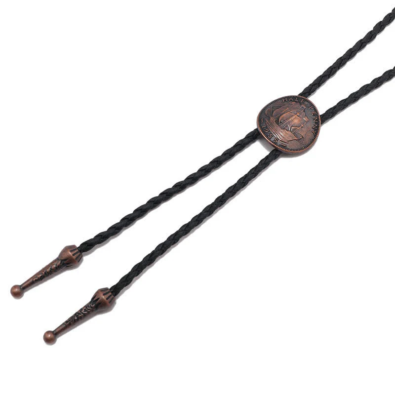 Three Sailboats Ancient Coin Leather Bolo Tie - Image 9
