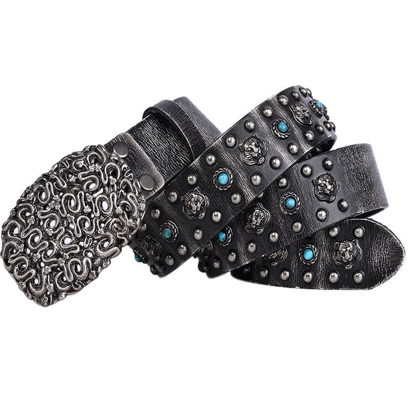 Tiger Head Faux Turquoise Gem Rivet Leather Belt - Image 3